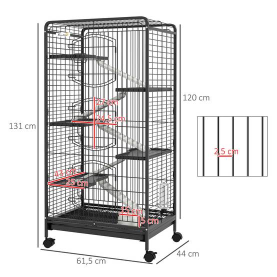 Cage chinchilla métal furet intérieur 5 niveaux roulante 61x44x131cm noir - ComfortXL Outdoor Living - Image 5