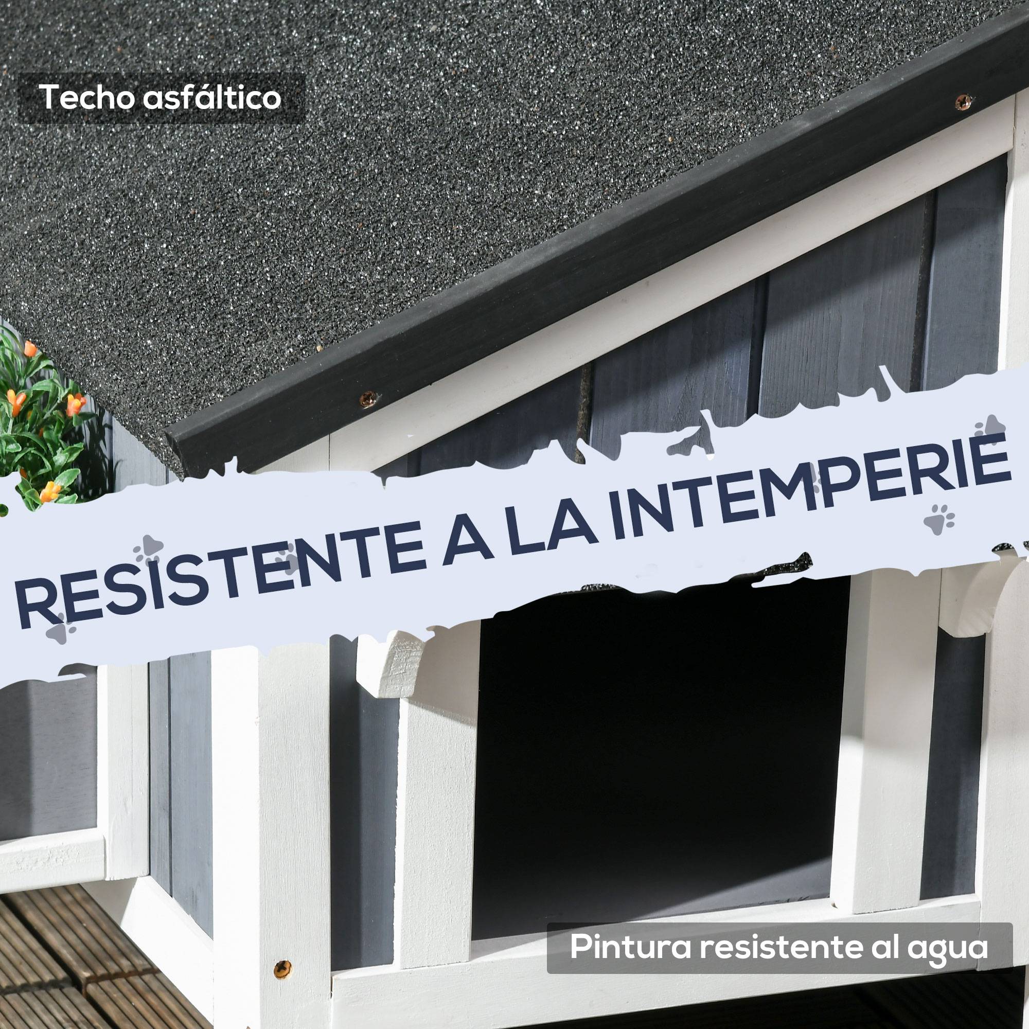 Niche extérieure en bois pour chat, abri à deux niveaux, 96 x 65 x 85,5 cm, grise - Image 8