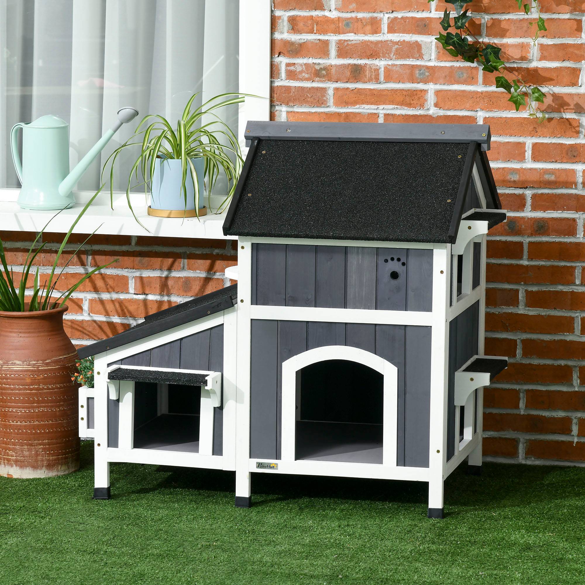 Niche extérieure en bois pour chat, abri à deux niveaux, 96 x 65 x 85,5 cm, grise - Image 4