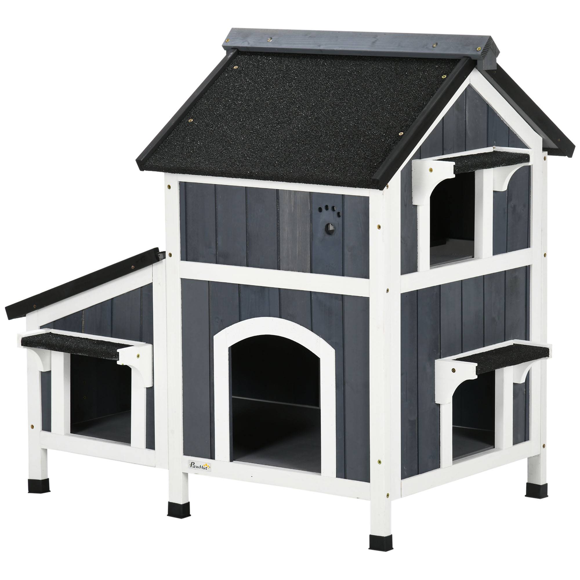 Niche extérieure en bois pour chat, abri à deux niveaux, 96 x 65 x 85,5 cm, grise - Image 2