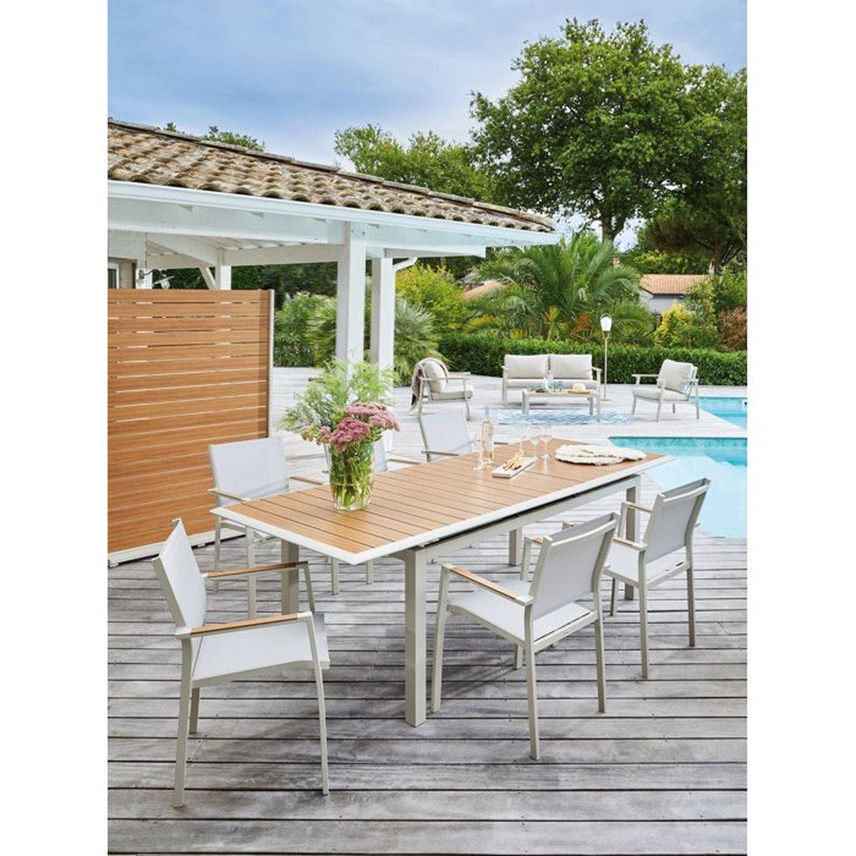 Proloisirs - Table extensible - LOUISIANE II - Aluminium époxy crème - Plateau aluminium Heat look chêne - 187/247 x 101 cm - Image 2