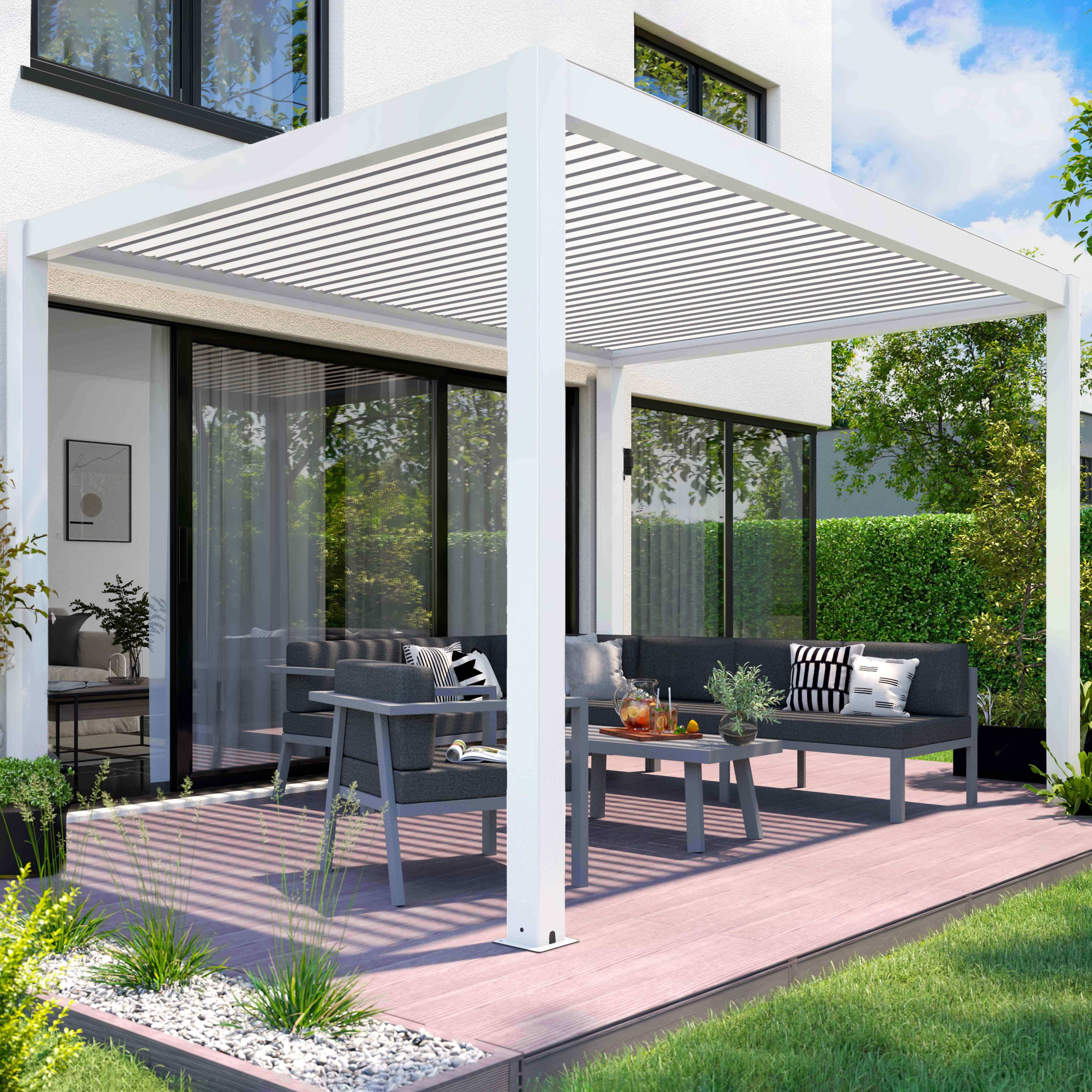 Oviala - Pergola bioclimatique autoportée motorisée et éclairée 3x4 m blanc - Oviala - Image 1