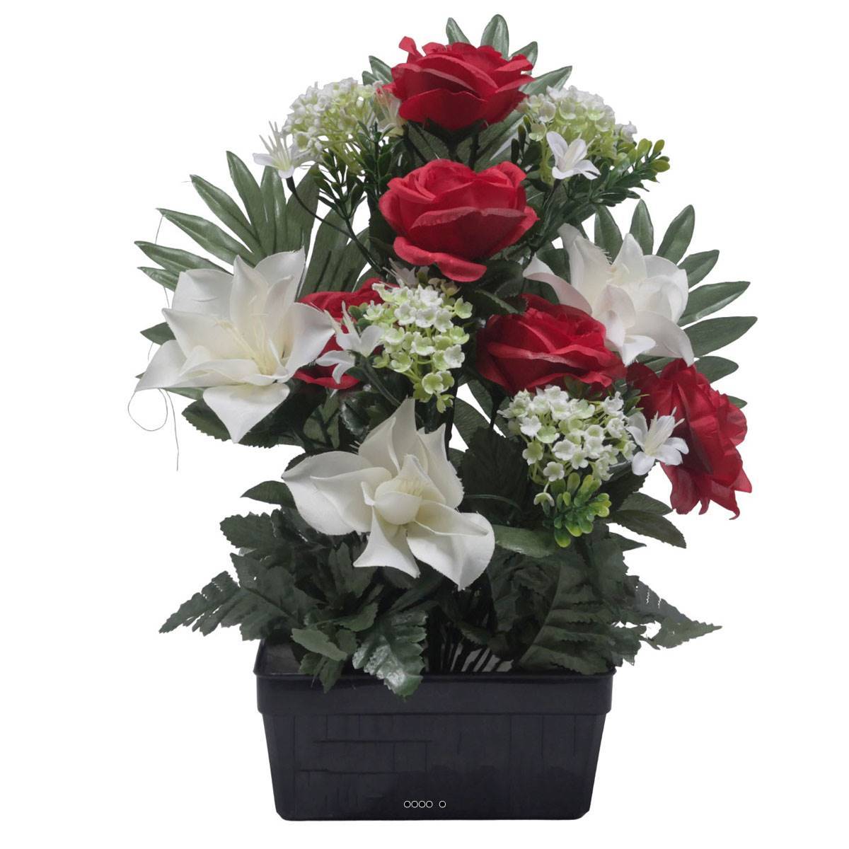 Artificielles - Jardinière fleurs artificielles Rose, Gardenia et mini fleurs Rouge pour la Toussaint - couleur: Rouge 755 - Image 1