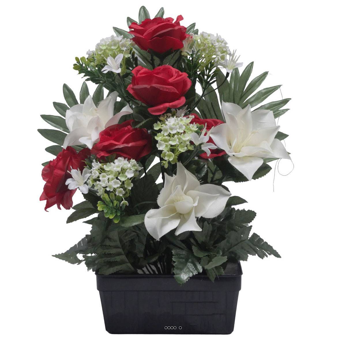 Artificielles - Jardinière fleurs artificielles Rose, Gardenia et mini fleurs Rouge pour la Toussaint - couleur: Rouge 755 - Image 2