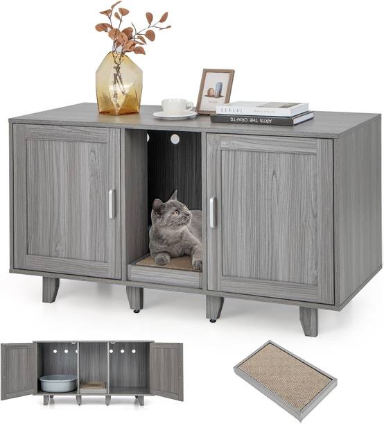 COSTWAY Maison de Toilettes pour Chat à Double Portes, Meuble à Litière en Bois avec Griffoir, Meuble TV pour Litière Cachée de Chat, Chêne Gris - Image 1