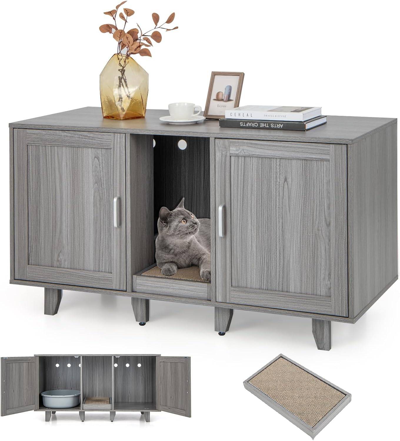 COSTWAY Maison de Toilettes pour Chat à Double Portes, Meuble à Litière en Bois avec Griffoir, Meuble TV pour Litière Cachée de Chat, Chêne Gris