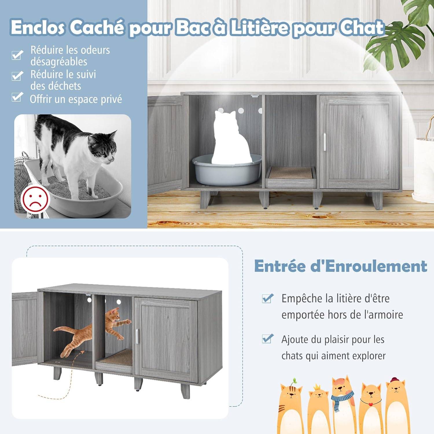 COSTWAY Maison de Toilettes pour Chat à Double Portes, Meuble à Litière en Bois avec Griffoir, Meuble TV pour Litière Cachée de Chat, Chêne Gris - Image 6