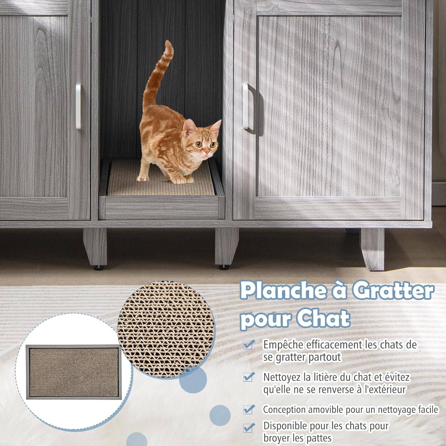 COSTWAY Maison de Toilettes pour Chat à Double Portes, Meuble à Litière en Bois avec Griffoir, Meuble TV pour Litière Cachée de Chat, Chêne Gris - Image 7