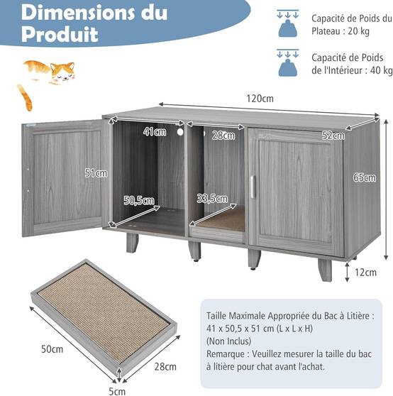COSTWAY Maison de Toilettes pour Chat à Double Portes, Meuble à Litière en Bois avec Griffoir, Meuble TV pour Litière Cachée de Chat, Chêne Gris - Image 2