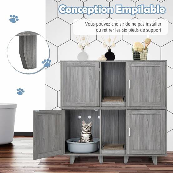COSTWAY Maison de Toilettes pour Chat à Double Portes, Meuble à Litière en Bois avec Griffoir, Meuble TV pour Litière Cachée de Chat, Chêne Gris - Image 8
