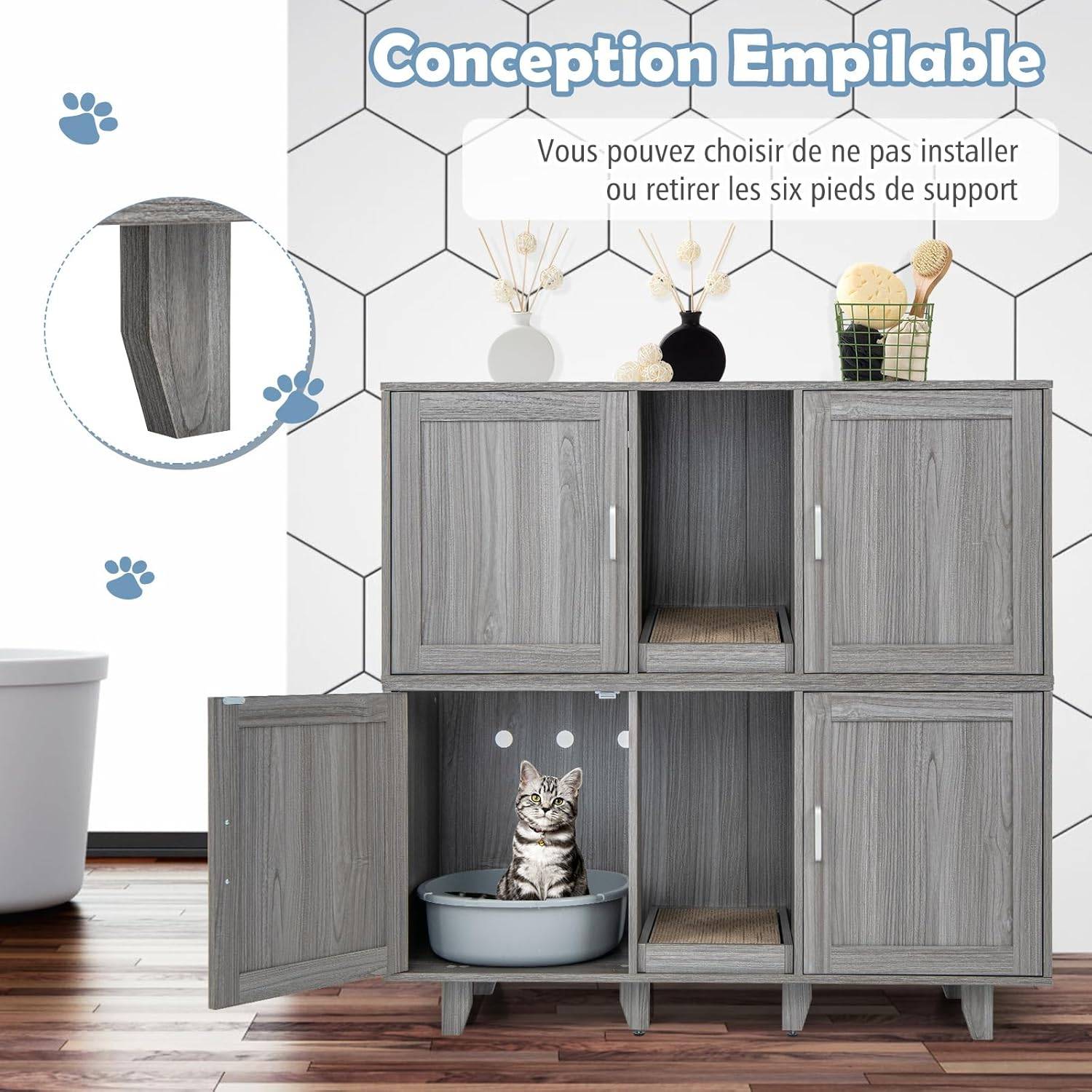 COSTWAY Maison de Toilettes pour Chat à Double Portes, Meuble à Litière en Bois avec Griffoir, Meuble TV pour Litière Cachée de Chat, Chêne Gris - Image 8