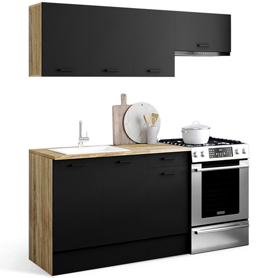 Cuisine complète 180 cm SUBTIL avec plan de travail 5 éléments bois et noir - Image 2