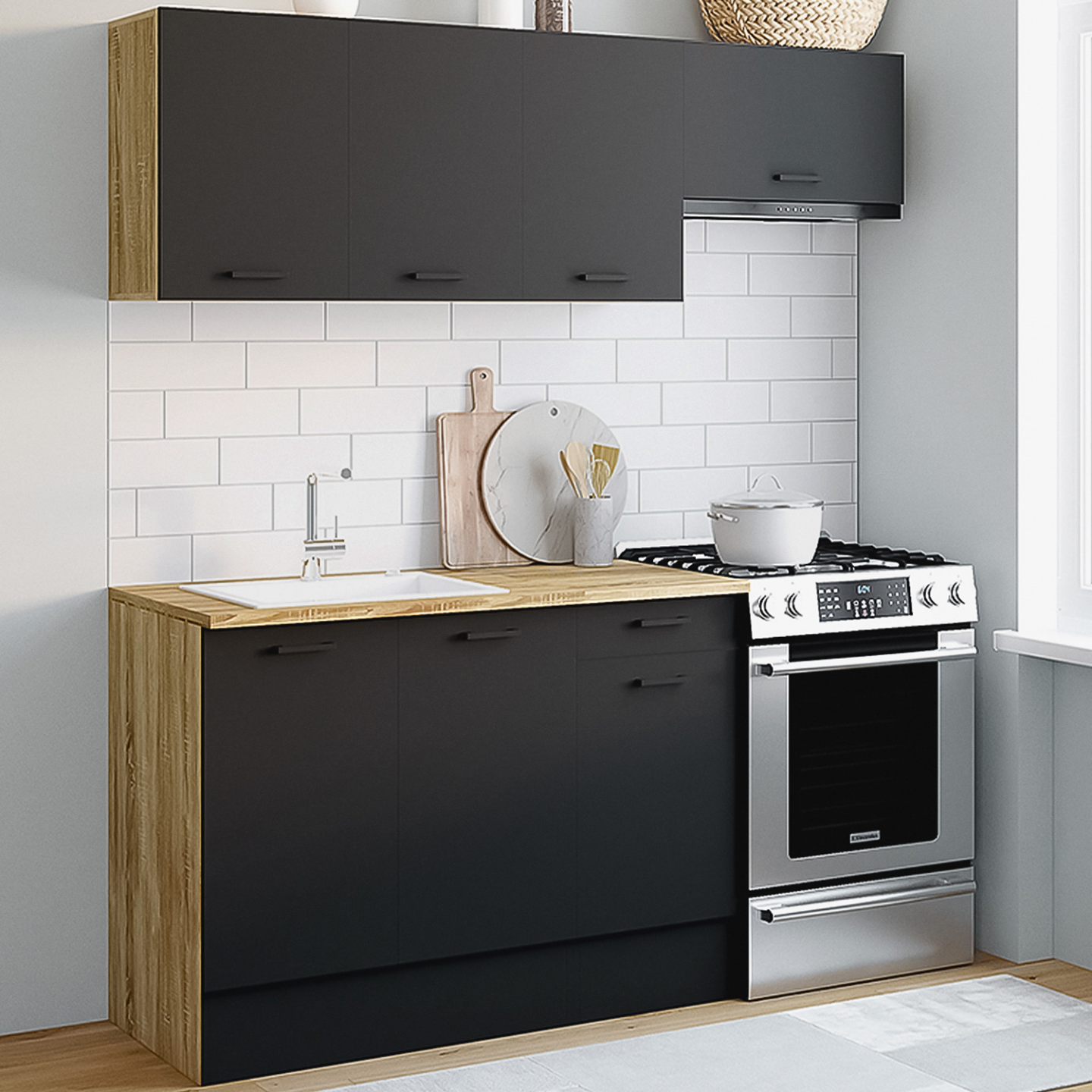 Cuisine complète 180 cm SUBTIL avec plan de travail 5 éléments bois et noir - Image 1
