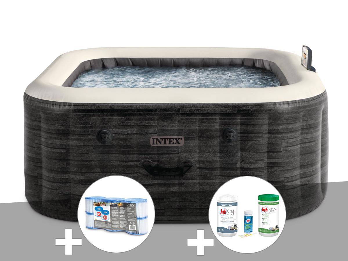 Kit spa gonflable Intex PureSpa Ardoise carré Bulles 6 places + 6 filtres + Kit de traitement brome