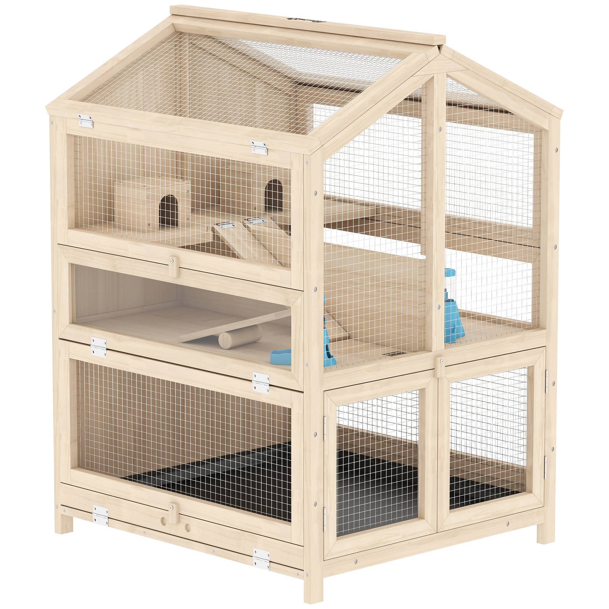 Cage en bois sapin hamster souris 3 niveaux vue transparente 68x61x90cm naturel - ComfortXL Outdoor Living - Image 2