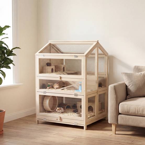 Cage en bois sapin hamster souris 3 niveaux vue transparente 68x61x90cm naturel - ComfortXL Outdoor Living - Image 3