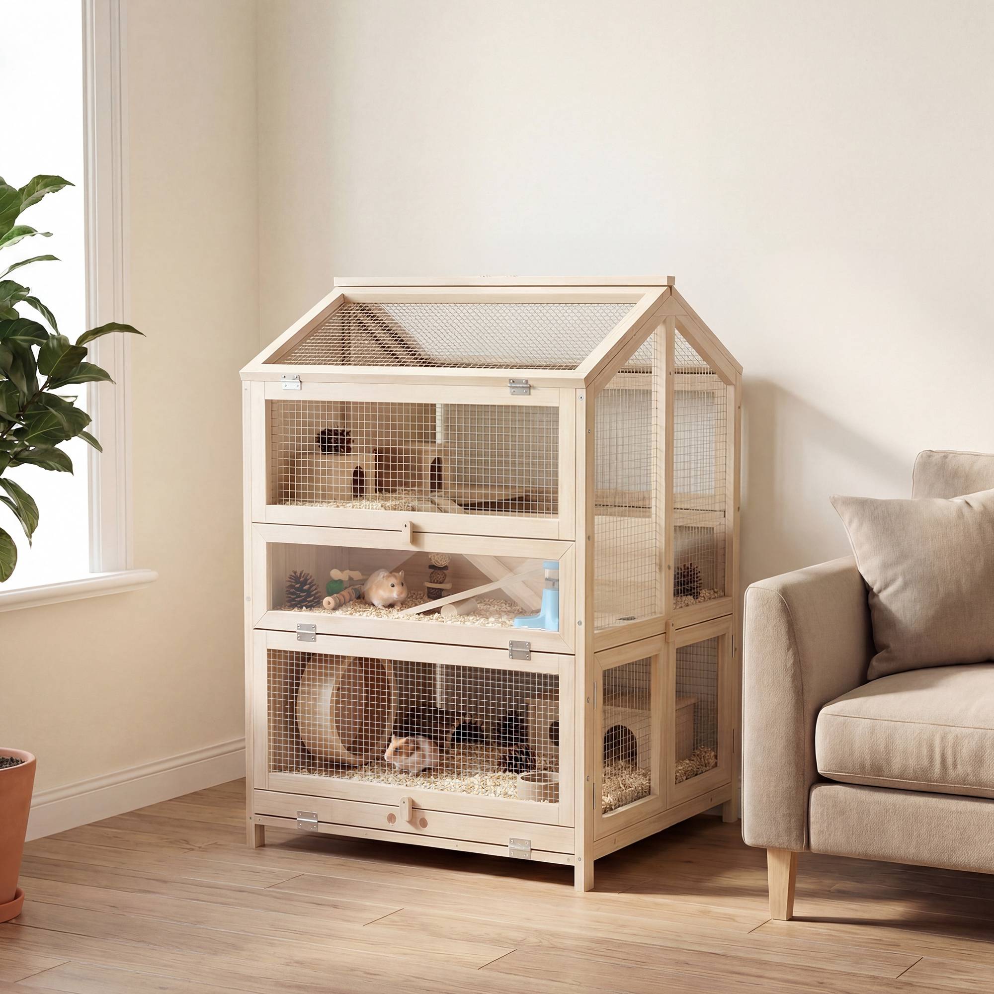 Cage en bois sapin hamster souris 3 niveaux vue transparente 68x61x90cm naturel - ComfortXL Outdoor Living - Image 3