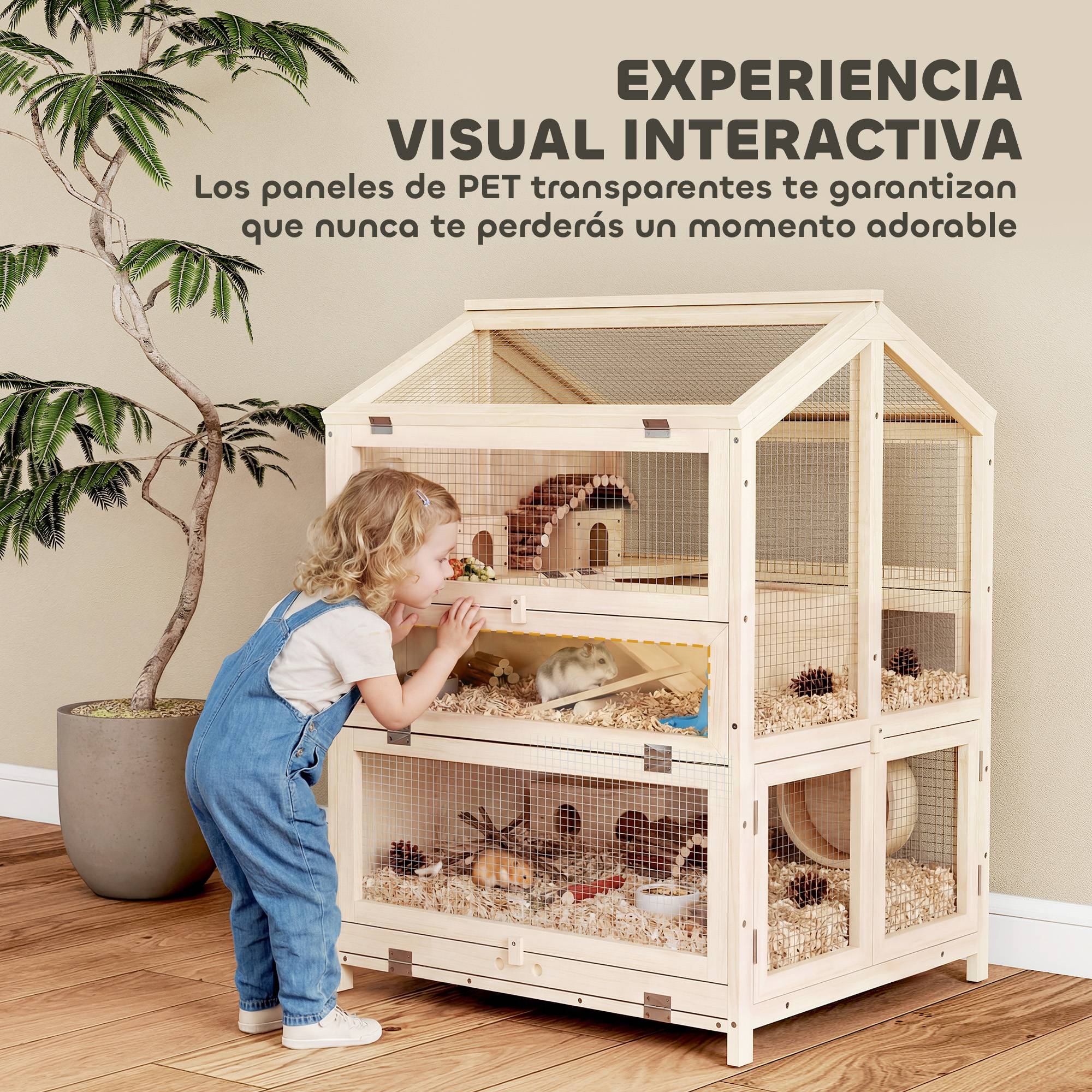 Cage en bois sapin hamster souris 3 niveaux vue transparente 68x61x90cm naturel - ComfortXL Outdoor Living - Image 10