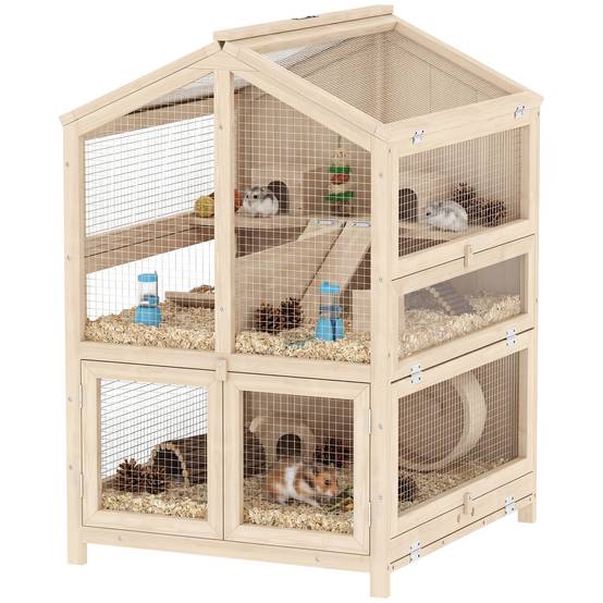 Cage en bois sapin hamster souris 3 niveaux vue transparente 68x61x90cm naturel - ComfortXL Outdoor Living - Image 1