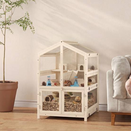 Cage en bois sapin hamster souris 3 niveaux vue transparente 68x61x90cm naturel - ComfortXL Outdoor Living - Image 4