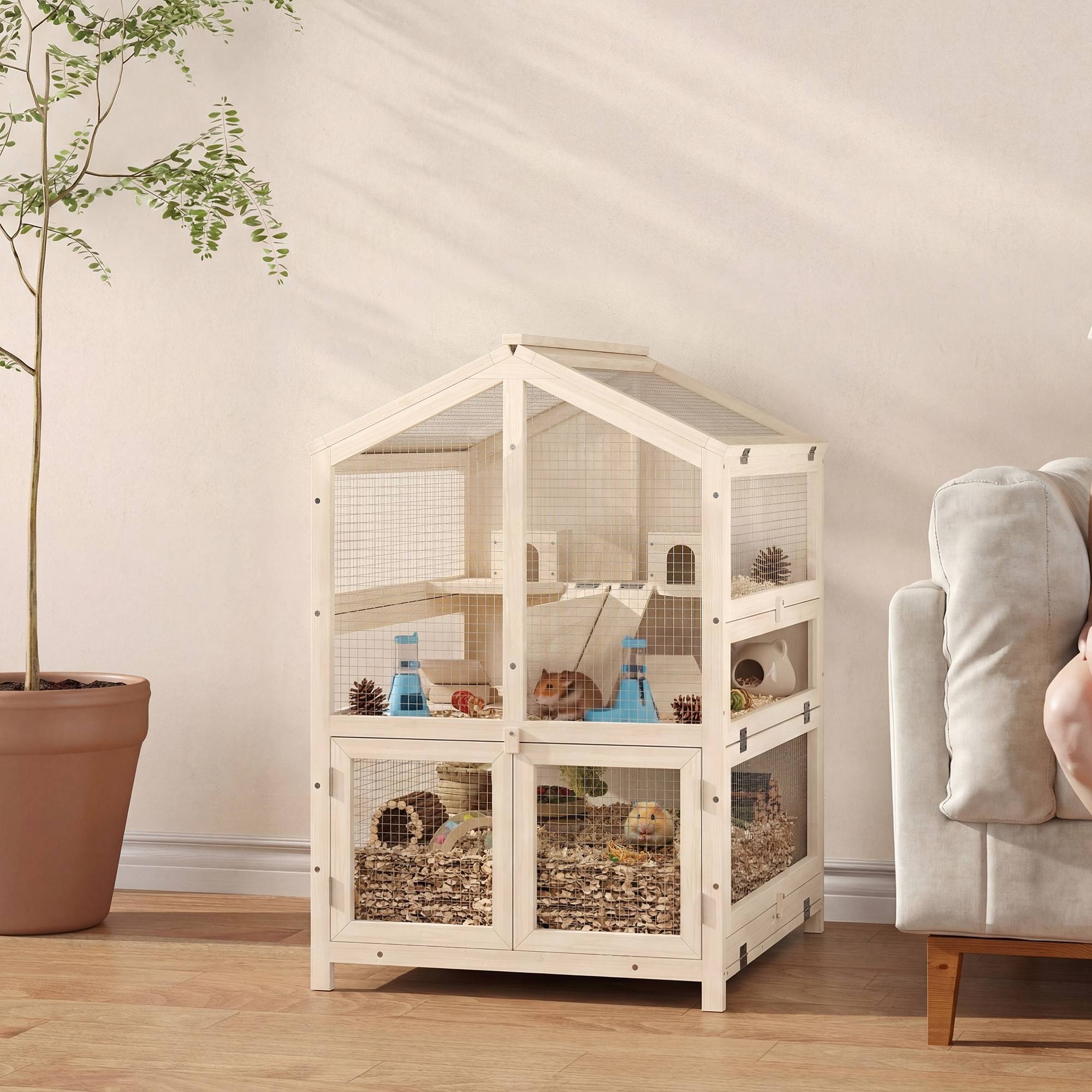 Cage en bois sapin hamster souris 3 niveaux vue transparente 68x61x90cm naturel - ComfortXL Outdoor Living - Image 4