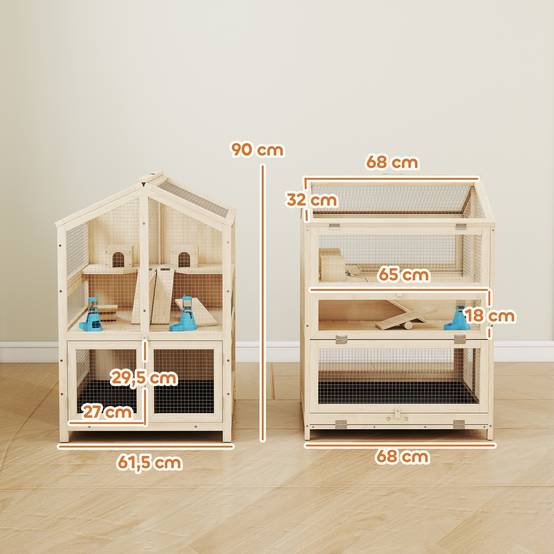 Cage en bois sapin hamster souris 3 niveaux vue transparente 68x61x90cm naturel - ComfortXL Outdoor Living - Image 5