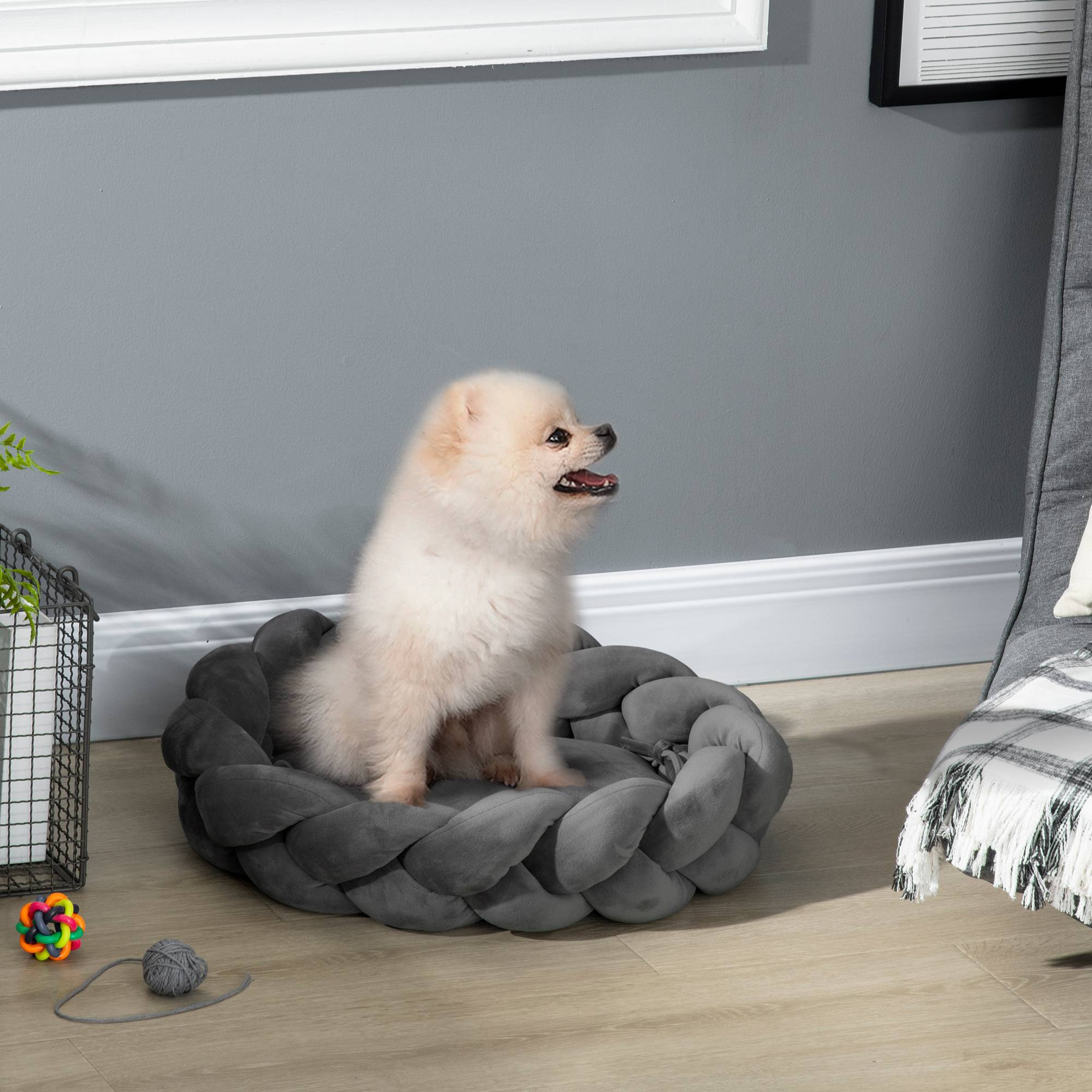 Lit pour petit chien, lit animal lavable, coussin indépendant et corde coton,55x55x14cm,gris - Image 4
