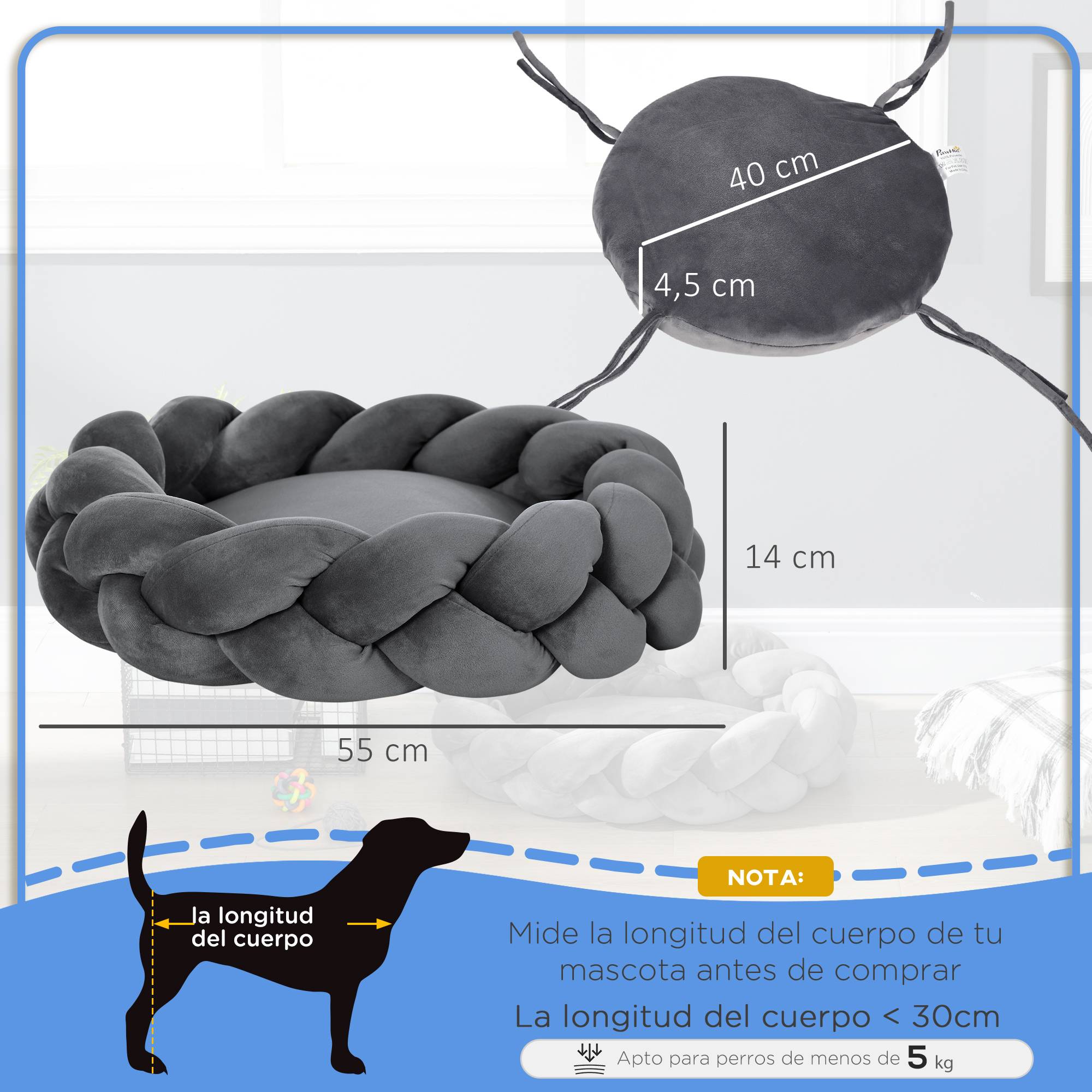Lit pour petit chien, lit animal lavable, coussin indépendant et corde coton,55x55x14cm,gris - Image 5