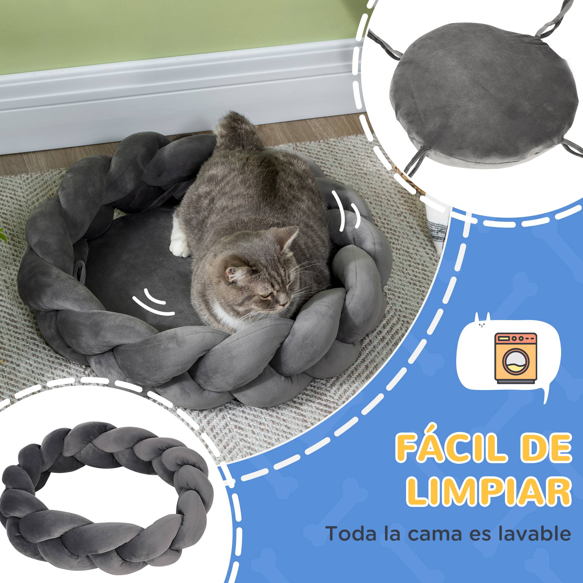 Lit pour petit chien, lit animal lavable, coussin indépendant et corde coton,55x55x14cm,gris - Image 7