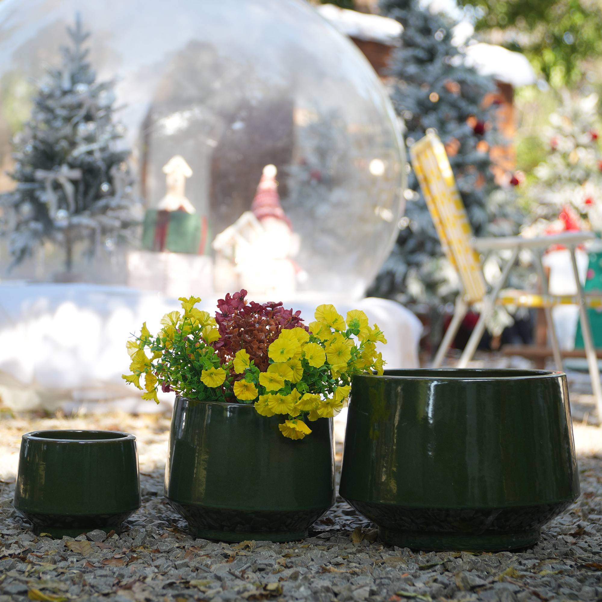 Set de 3 Pots de Fleurs Céramique Intérieur Extérieur Anti-gel Vert Antique - ComfortXL Outdoor Living
