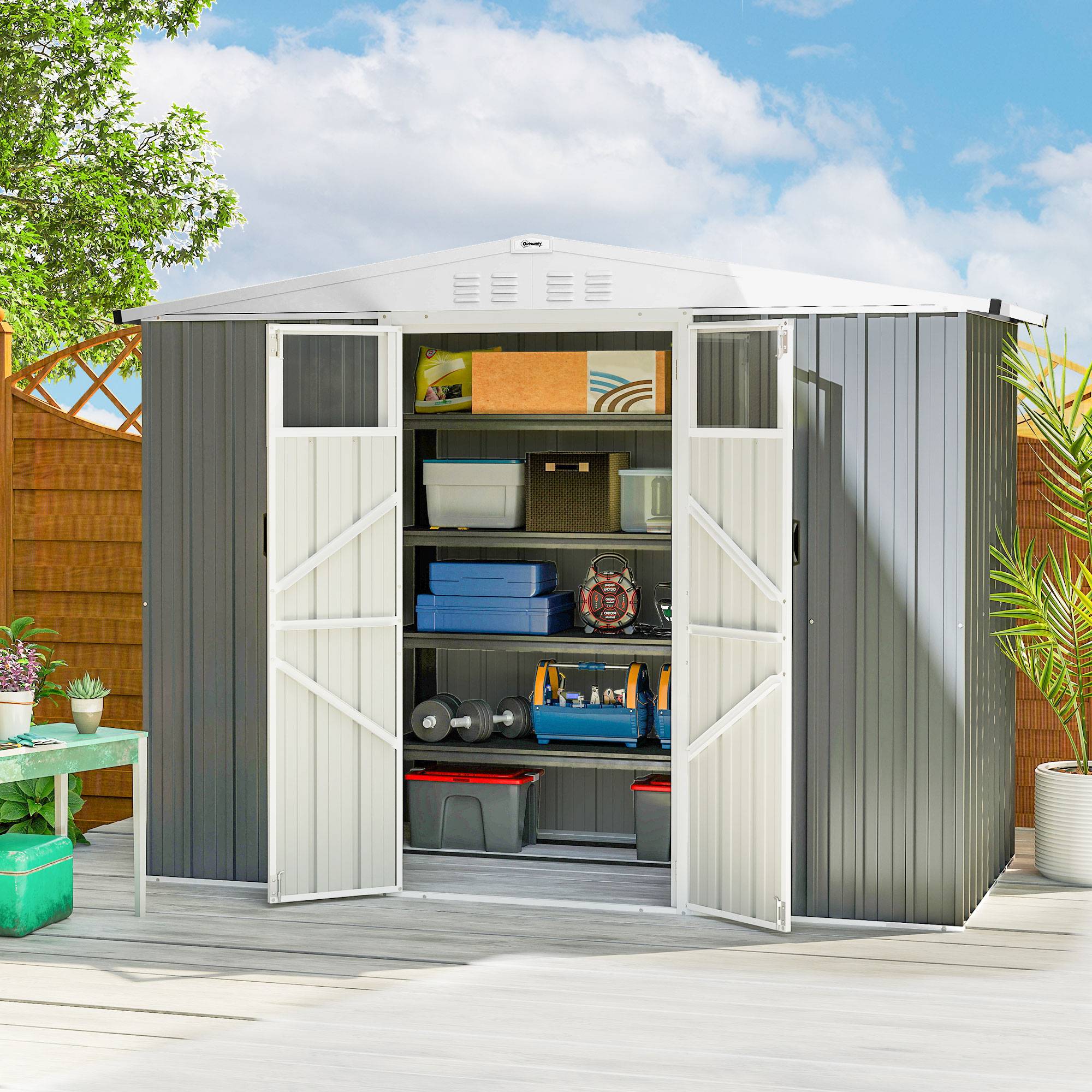 Abri jardin acier galvanisé 2 portes 246x117x180 cm cabanon extérieur rangement outils sécurisé gris clair - Image 3