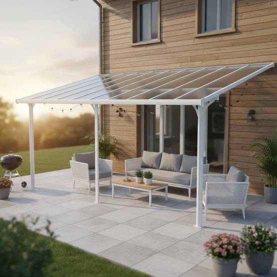 Pergola adossée ajustable 18,85 m² aluminium blanc toiture polycarbonate anti-UV X-METAL - Image 1