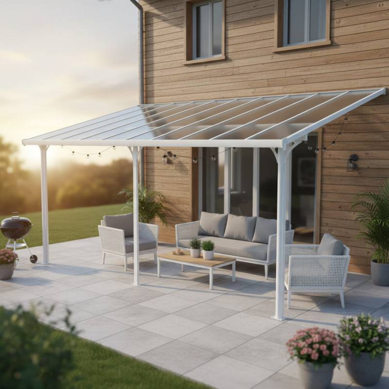 Pergola adossée ajustable 18,85 m² aluminium blanc toiture polycarbonate anti-UV X-METAL - Image 1