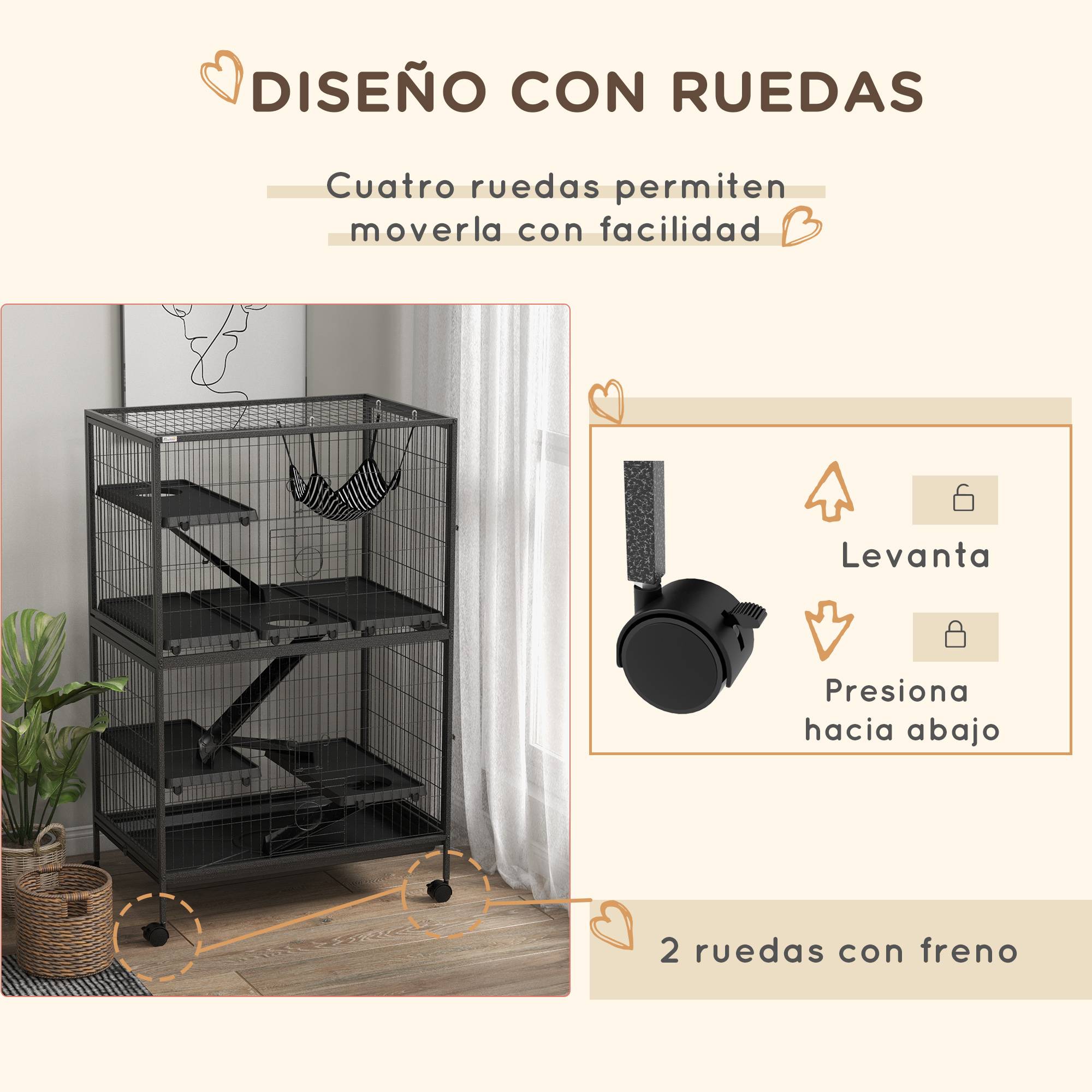 Cage rongeurs chinchillas furet acier sur roulettes 4 niveaux 80x52x128cm gris - ComfortXL Outdoor Living - Image 7