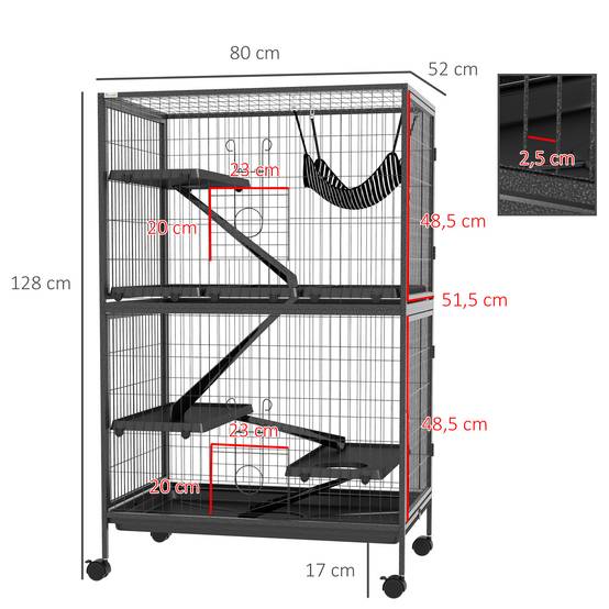 Cage rongeurs chinchillas furet acier sur roulettes 4 niveaux 80x52x128cm gris - ComfortXL Outdoor Living - Image 5