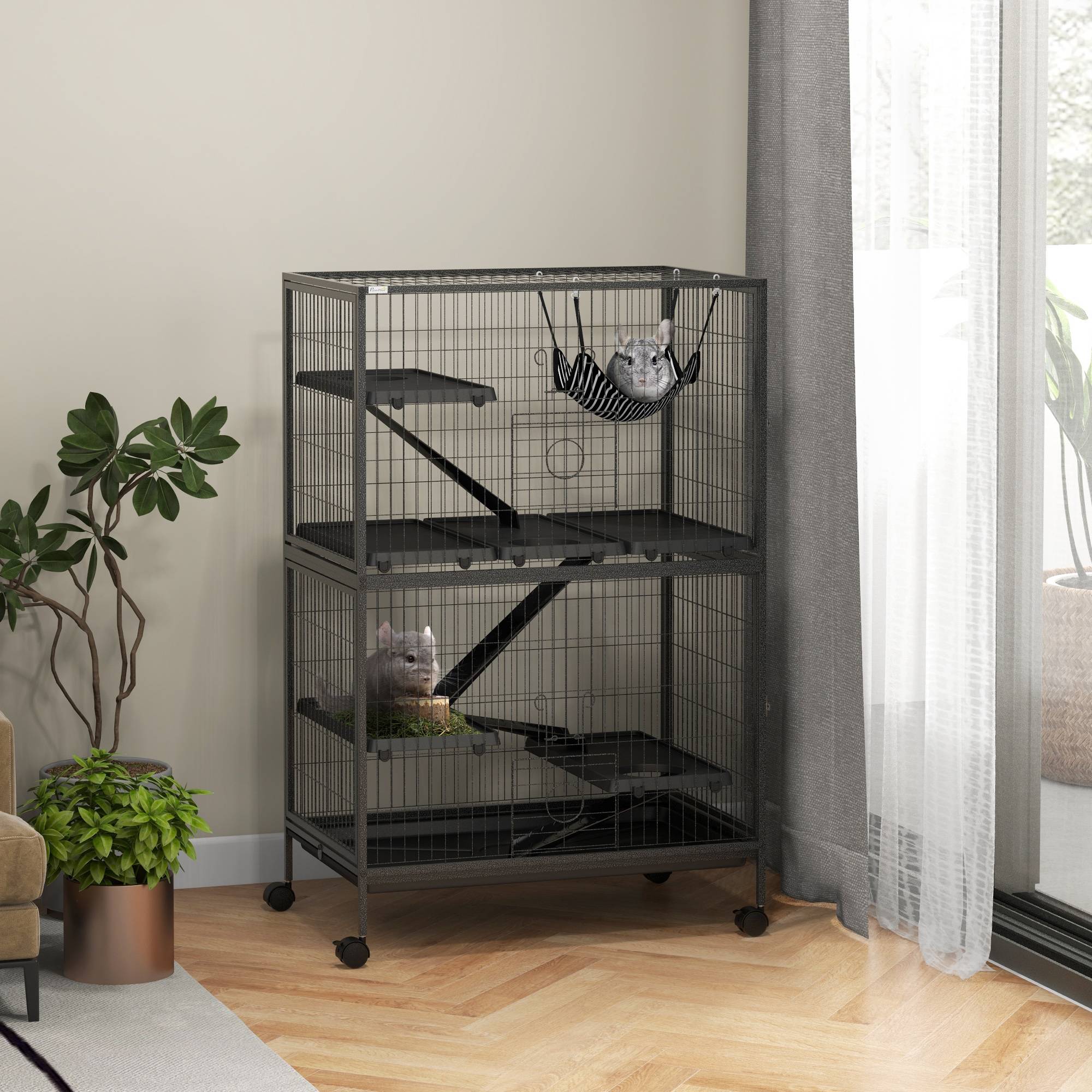 Cage rongeurs chinchillas furet acier sur roulettes 4 niveaux 80x52x128cm gris - ComfortXL Outdoor Living - Image 3