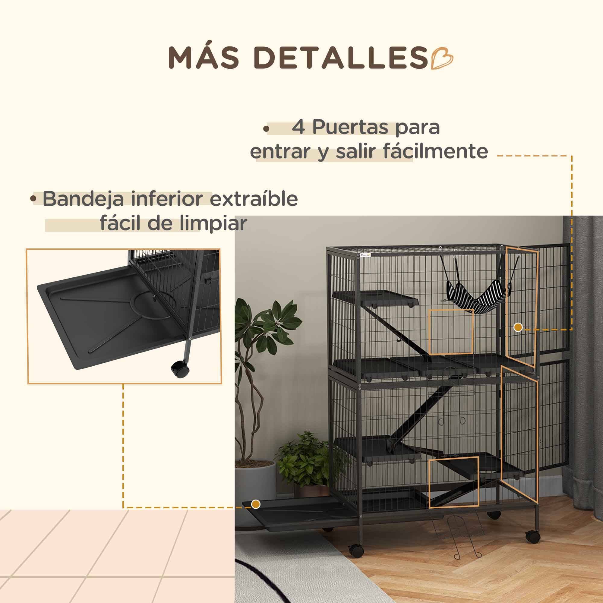 Cage rongeurs chinchillas furet acier sur roulettes 4 niveaux 80x52x128cm gris - ComfortXL Outdoor Living - Image 9