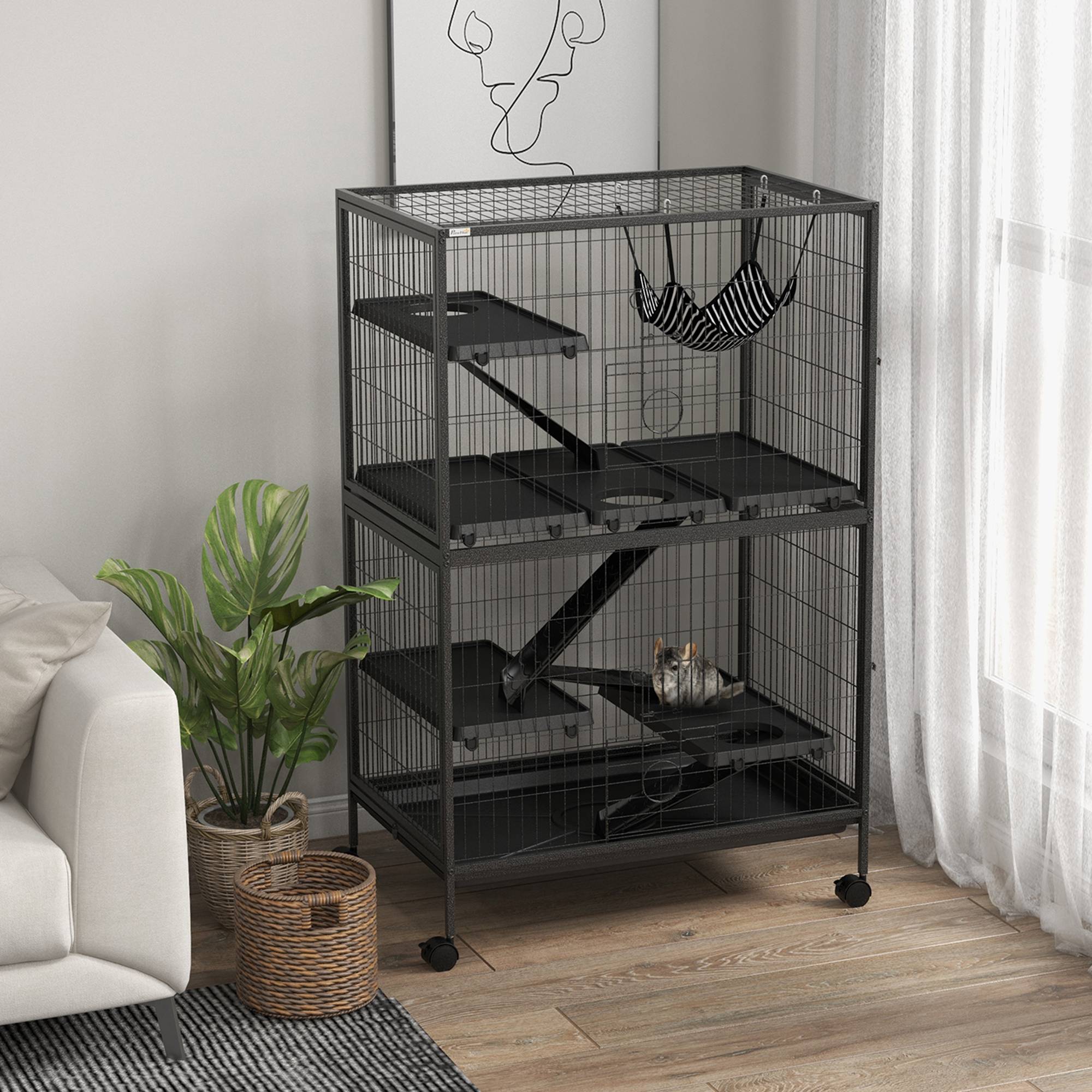 Cage rongeurs chinchillas furet acier sur roulettes 4 niveaux 80x52x128cm gris - ComfortXL Outdoor Living - Image 4