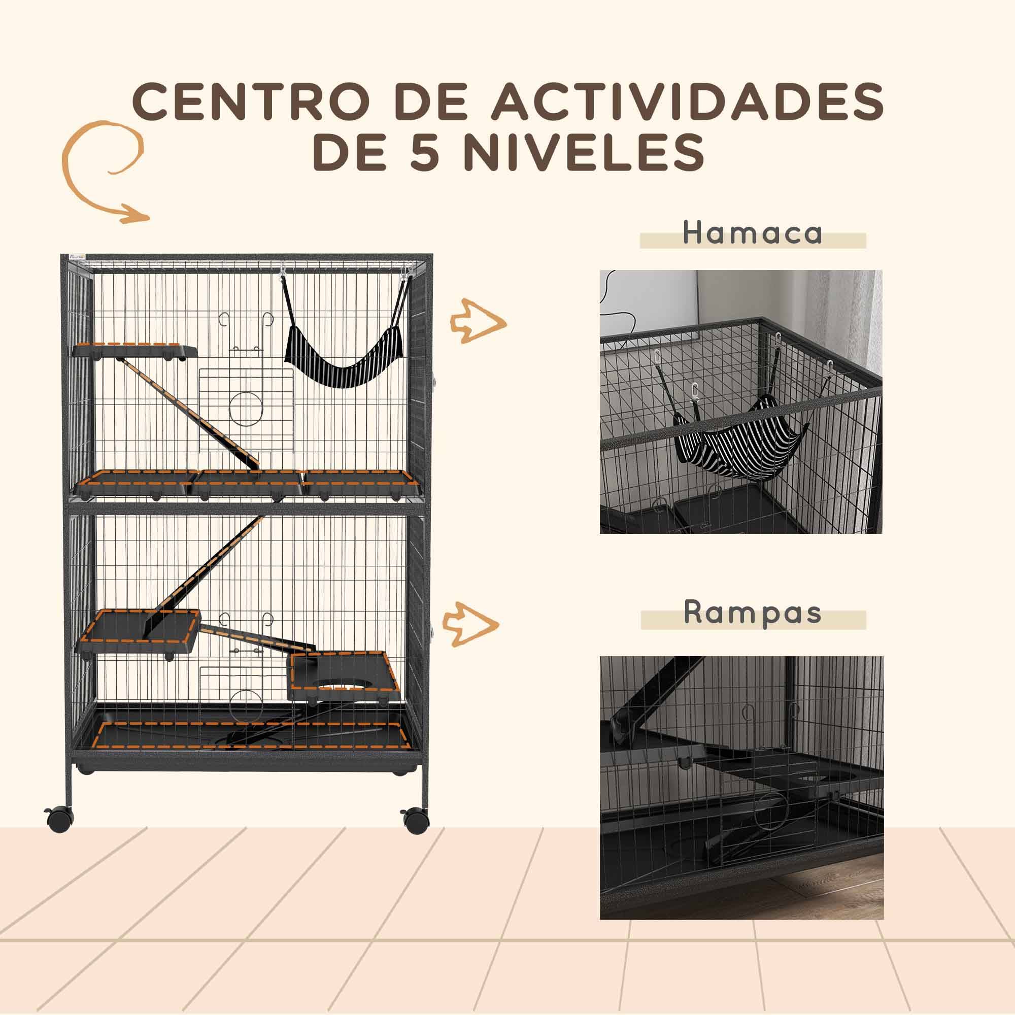 Cage rongeurs chinchillas furet acier sur roulettes 4 niveaux 80x52x128cm gris - ComfortXL Outdoor Living - Image 8