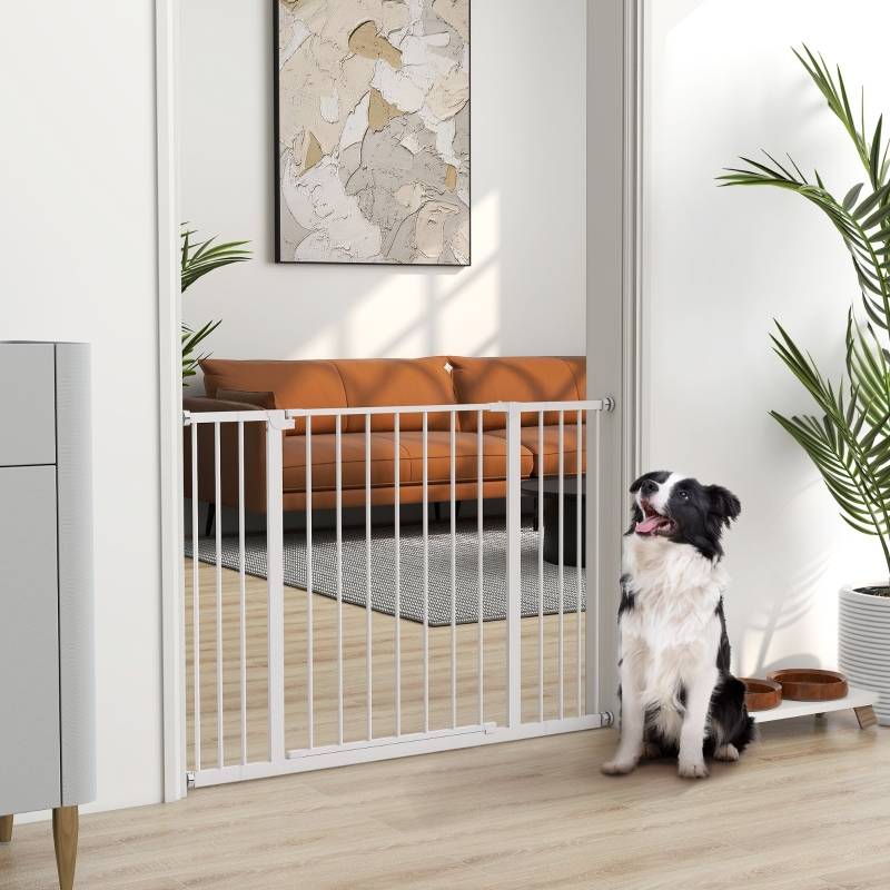 Barrière de sécurité métal pour chien fixation sans perçage blanc 76-107x76cm - ComfortXL Outdoor Living - Image 1