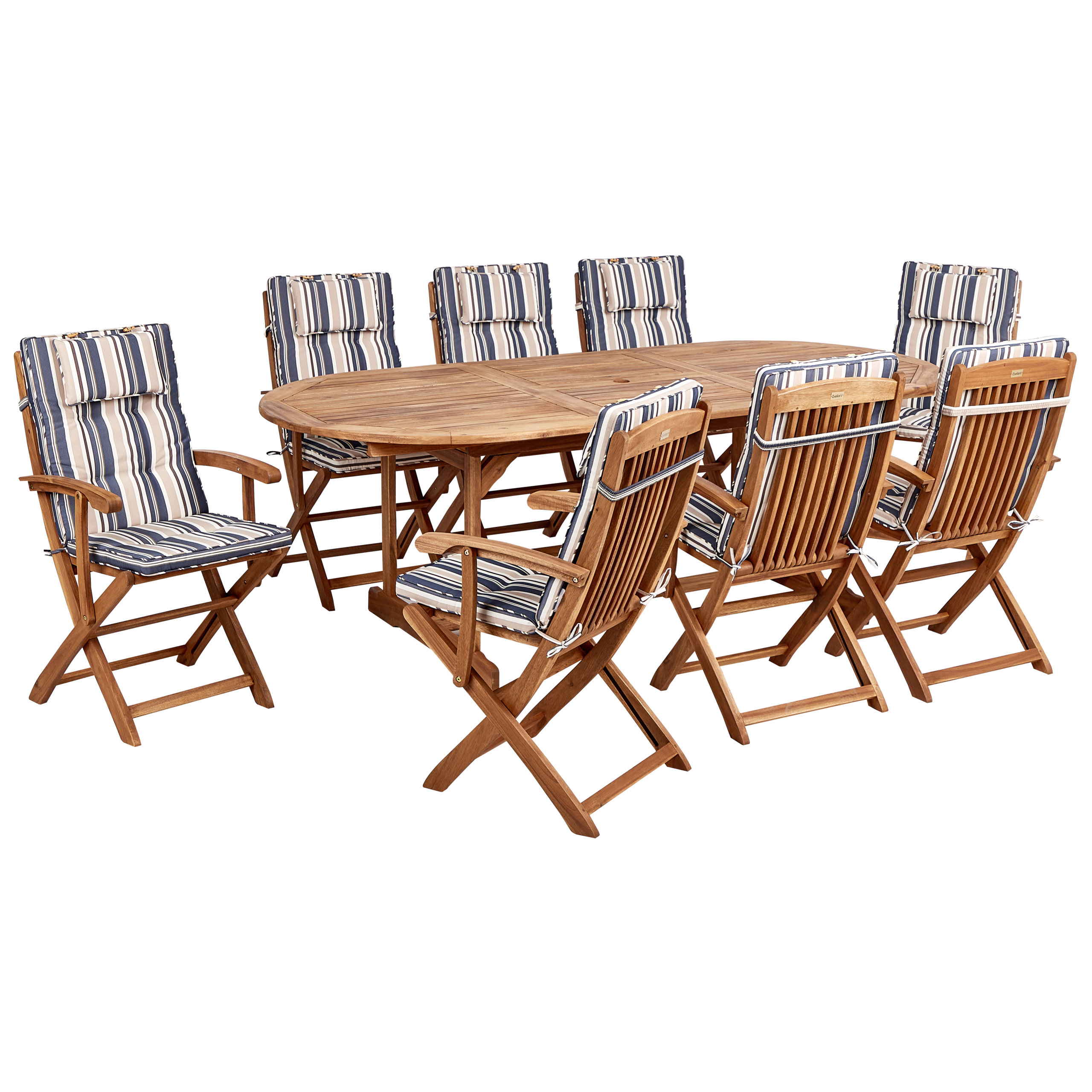 Beliani - Ensemble de Jardin avec Coussins Rayés Bleu en Bois d'Acacia Table et Chaises et Parasol 8 Places Style Rustique - Image 4