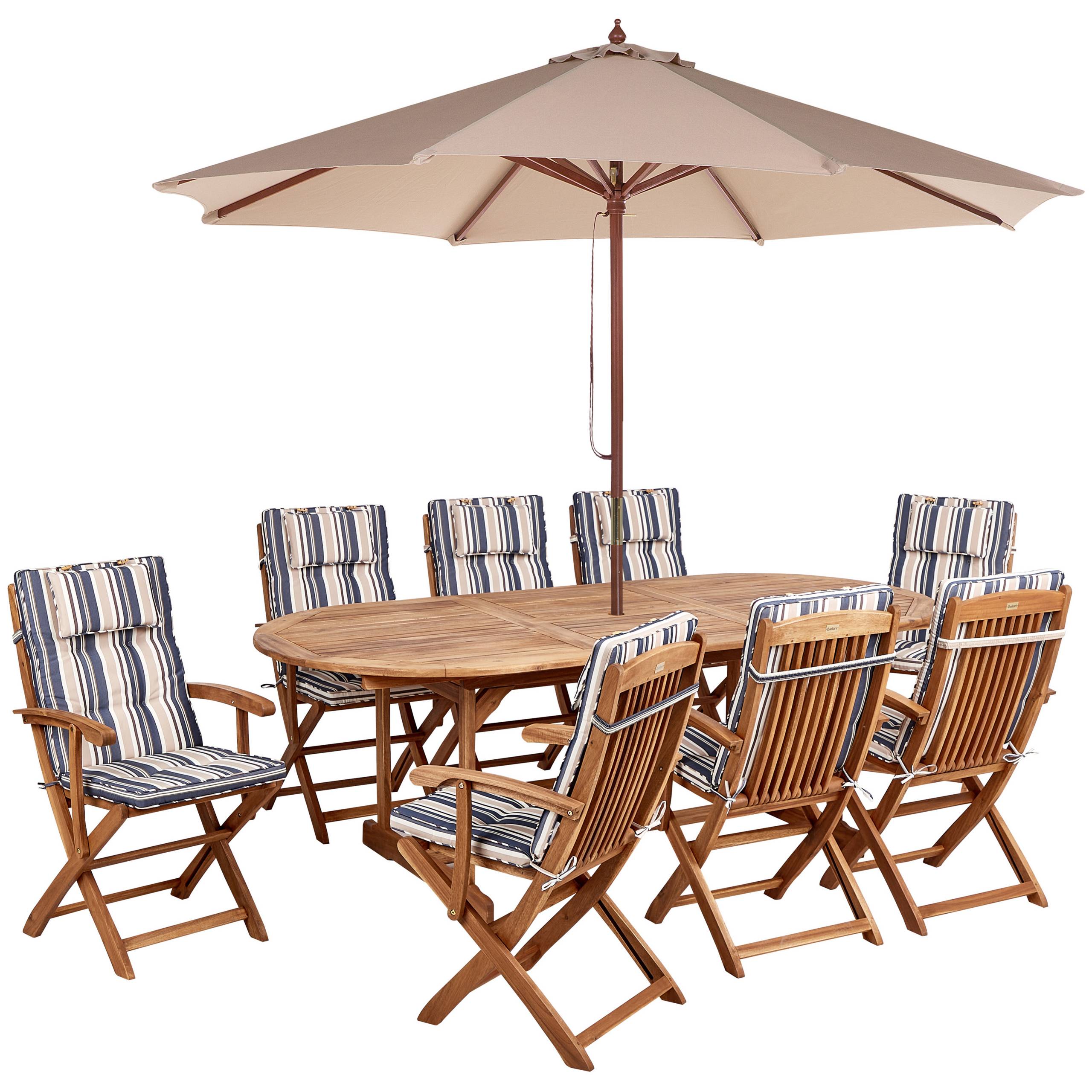 Beliani - Ensemble de Jardin avec Coussins Rayés Bleu en Bois d'Acacia Table et Chaises et Parasol 8 Places Style Rustique - Image 1