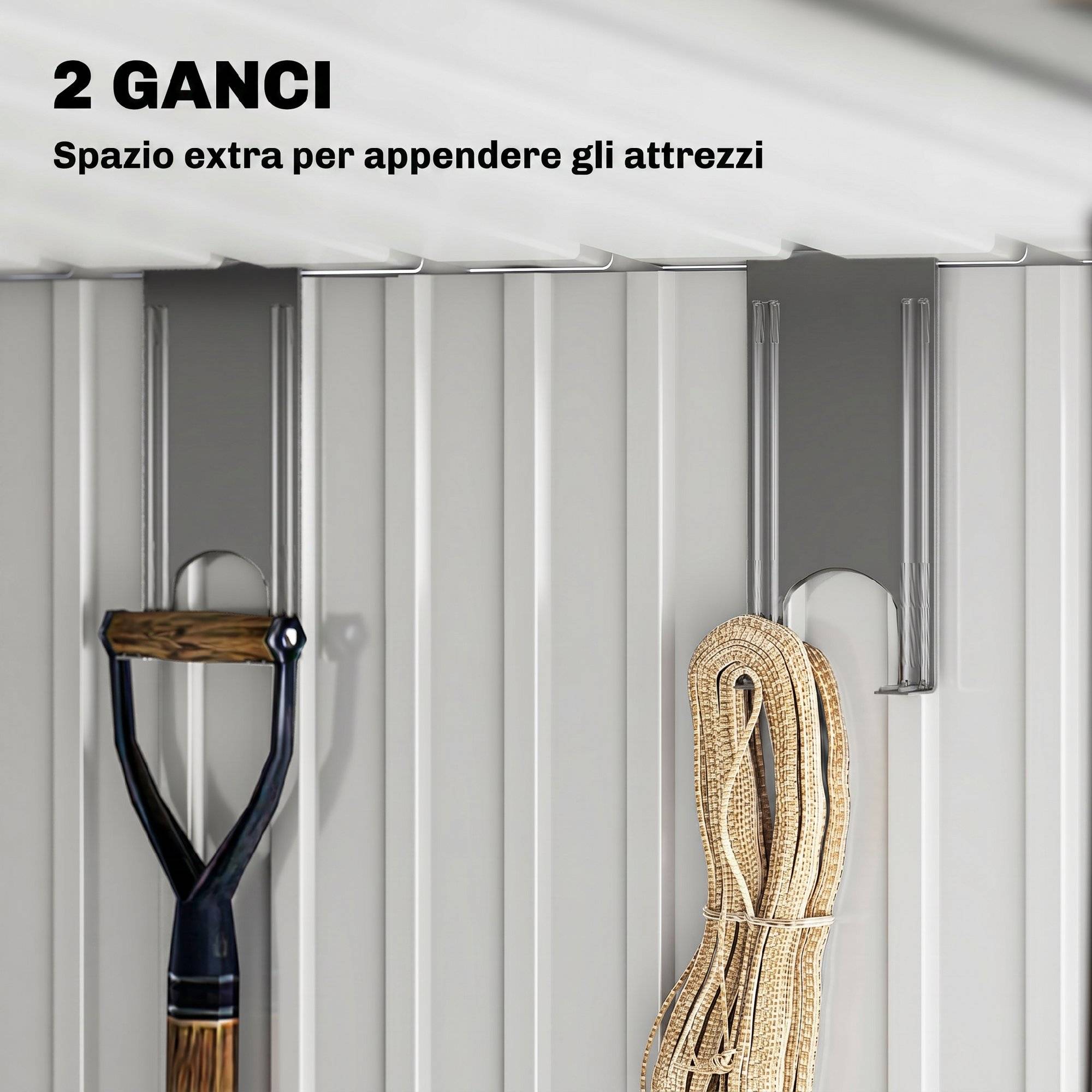 Abri de jardin porte-outils avec 4 fenêtres et 2 crochets, acier galvanisé, 195x122x181,5cm, gris - Image 6