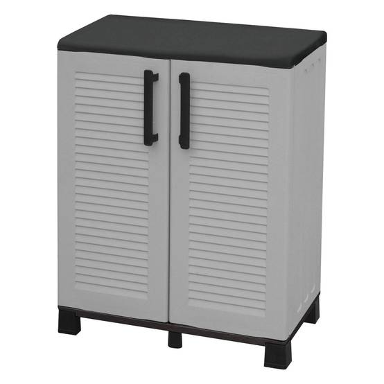 Dmora - Armoire d'extérieur Dbirindell, Armoire de balcon polyvalente, Armoire d'extérieur 2 portes, 68x37h90 cm, Gris clair et noir, Finition rayée - Dmora - Image 4