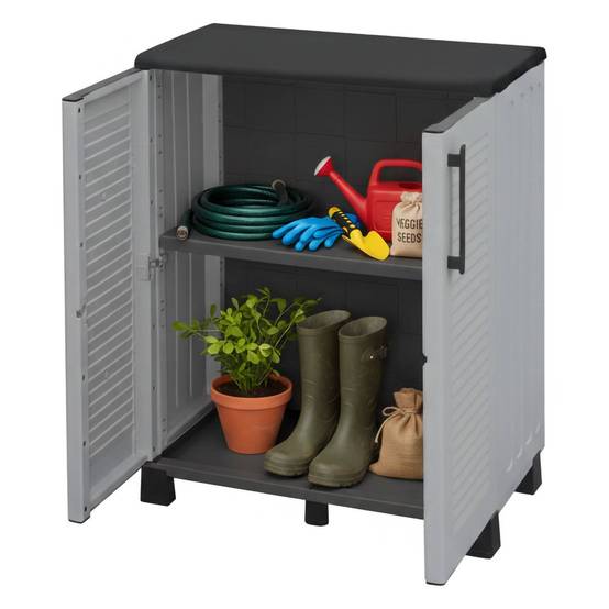 Dmora - Armoire d'extérieur Dbirindell, Armoire de balcon polyvalente, Armoire d'extérieur 2 portes, 68x37h90 cm, Gris clair et noir, Finition rayée - Dmora - Image 1
