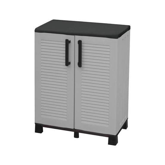 Dmora - Armoire d'extérieur Dbirindell, Armoire de balcon polyvalente, Armoire d'extérieur 2 portes, 68x37h90 cm, Gris clair et noir, Finition rayée - Dmora - Image 1