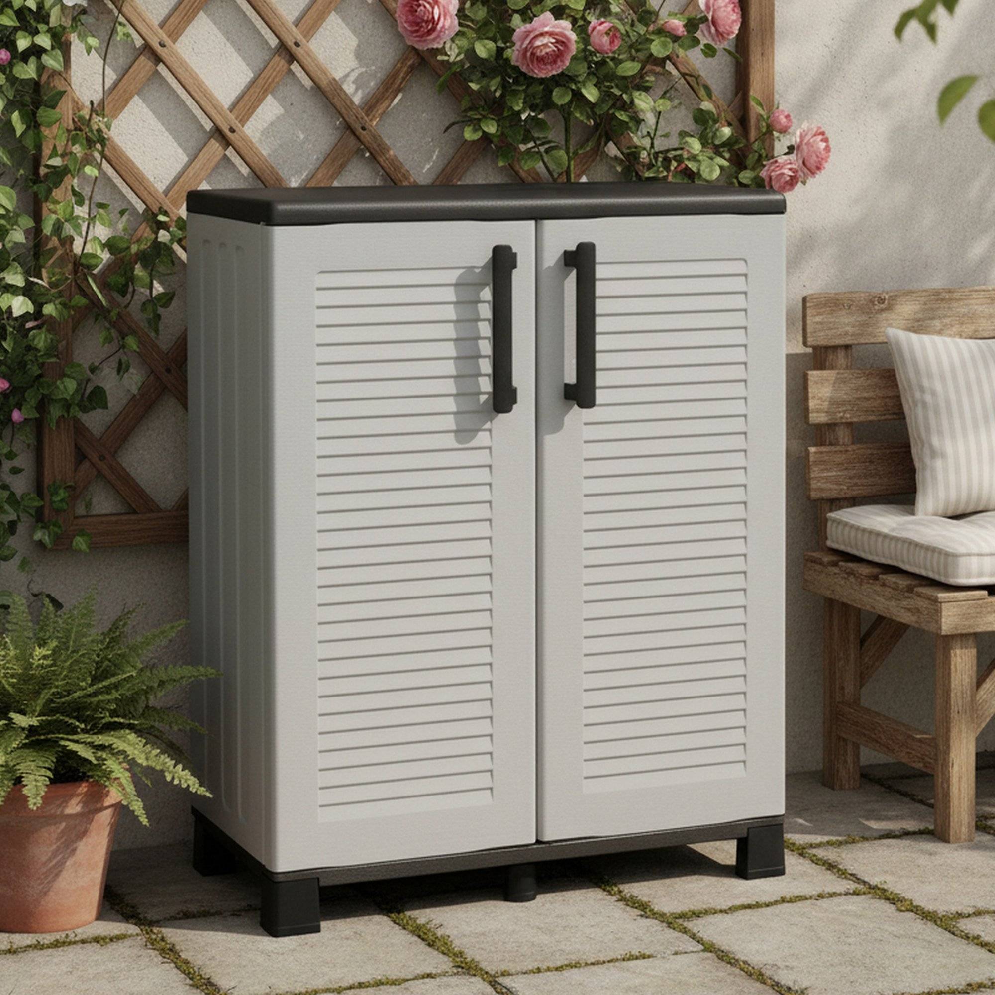 Dmora - Armoire d'extérieur Dbirindell, Armoire de balcon polyvalente, Armoire d'extérieur 2 portes, 68x37h90 cm, Gris clair et noir, Finition rayée - Dmora - Image 2