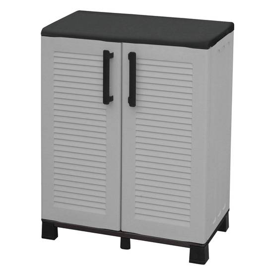 Dmora - Armoire d'extérieur Dbirindell, Armoire de balcon polyvalente, Armoire d'extérieur 2 portes, 68x37h90 cm, Gris clair et noir, Finition rayée - Dmora - Image 4