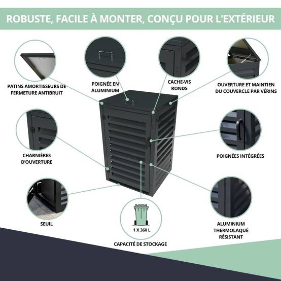 Cache Poubelle Extérieur Simple en Aluminium thermolaqué - Abri pour 1 conteneur 360 Litres – Gris anthracite RAL 7016 - Image 5