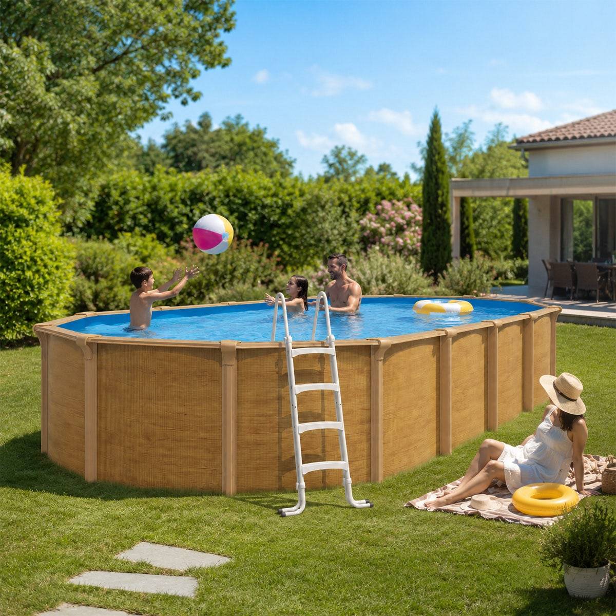 Trigano Jardin - Piscine hors sol acier ovale 9,15 x 4,55 x 1,32 m aspect bois OSMOSE - Image 2